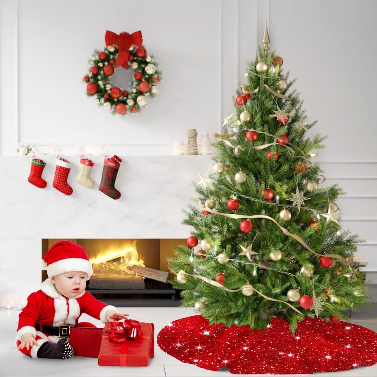 MODFUNS Christmas Tree Skirt Red Sequin Tree Skirt 36 Inch Velvet Christmas Tree Skirt Shimmer Glitter Tree Skirt Sparkle Xmas Tree Collar Bling Christmas Tree Mat for Christmas Tree Ornament