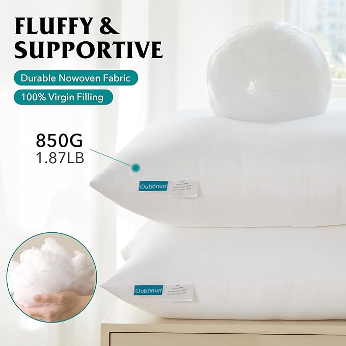 Oubonun 22 x 22 Throw Pillow Inserts - Soft, Plush & Decorative Down Alternative Pillows for Couch Sofa Bed, Machine Washable - White, Pack of 4