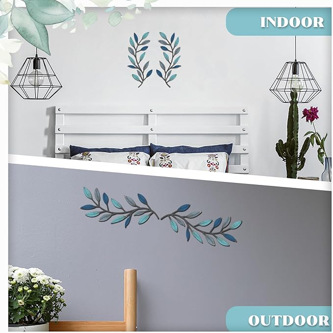 Zhengmy 2 Pieces Metal Tree Leaf Wall Decor Vine Olive Branch Leaf Wall Art Living Room, Hallway Wall Decor Outdoor Decoration(Vintage Blue)
