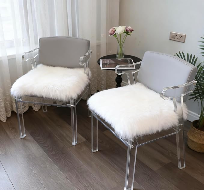 Sheepskin Chair Cushion Non-Slip Back Square Genuine Fur Chair Cover Silky Natural Wool Seat Cushion Pad Soft Area Rugs Carpet for Home Office Restaurant Chair 18x18 Inch (Pack of 2), Pearly White