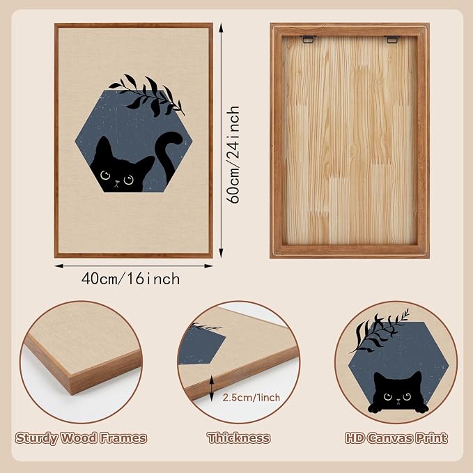 LHIUEM Boho Black Cat Framed Canvas Wall Art,Abstract Cute Animal Wall Decor,Modern Funny Kitty Painting,Beige Dark Leaves Artwork for Living Room,Bedroom,Dining Room -16"x24"x3
