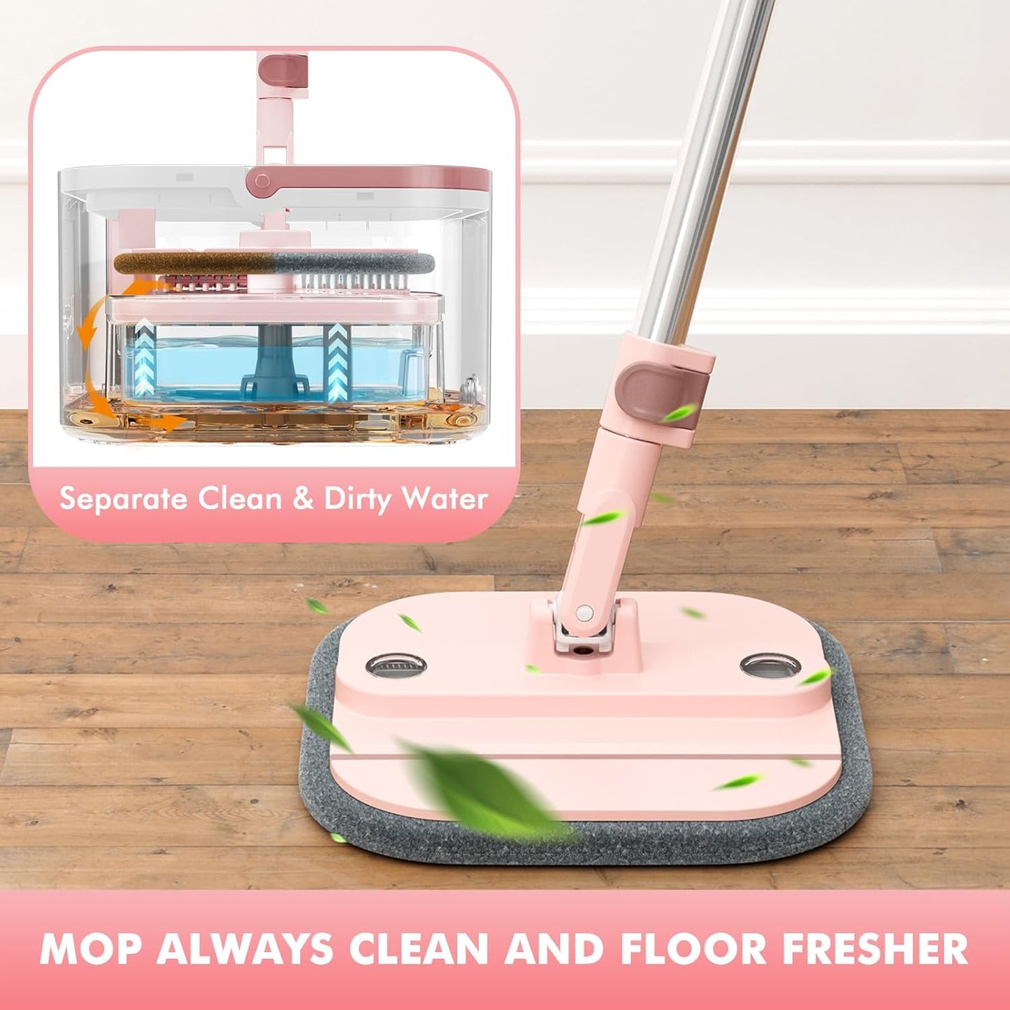 Upgraded Spin Mop and Bucket Set Self-Standing Mop Bucket Separate Dirty and Clean Water System Self Wringing 360° Rotating 90° Foldabl Mops and Buckets for Floor Cleaning (Pink, 6Pads)