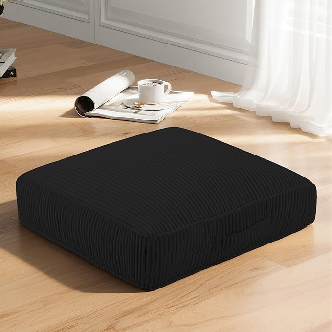 Floor Pillow for Adults, 4" Square Floor Cushions with Washable Cover, Large Corduroy Meditation Pillow, 22 inches Tatami Seat with Handle for Living Room or Yoga, Black