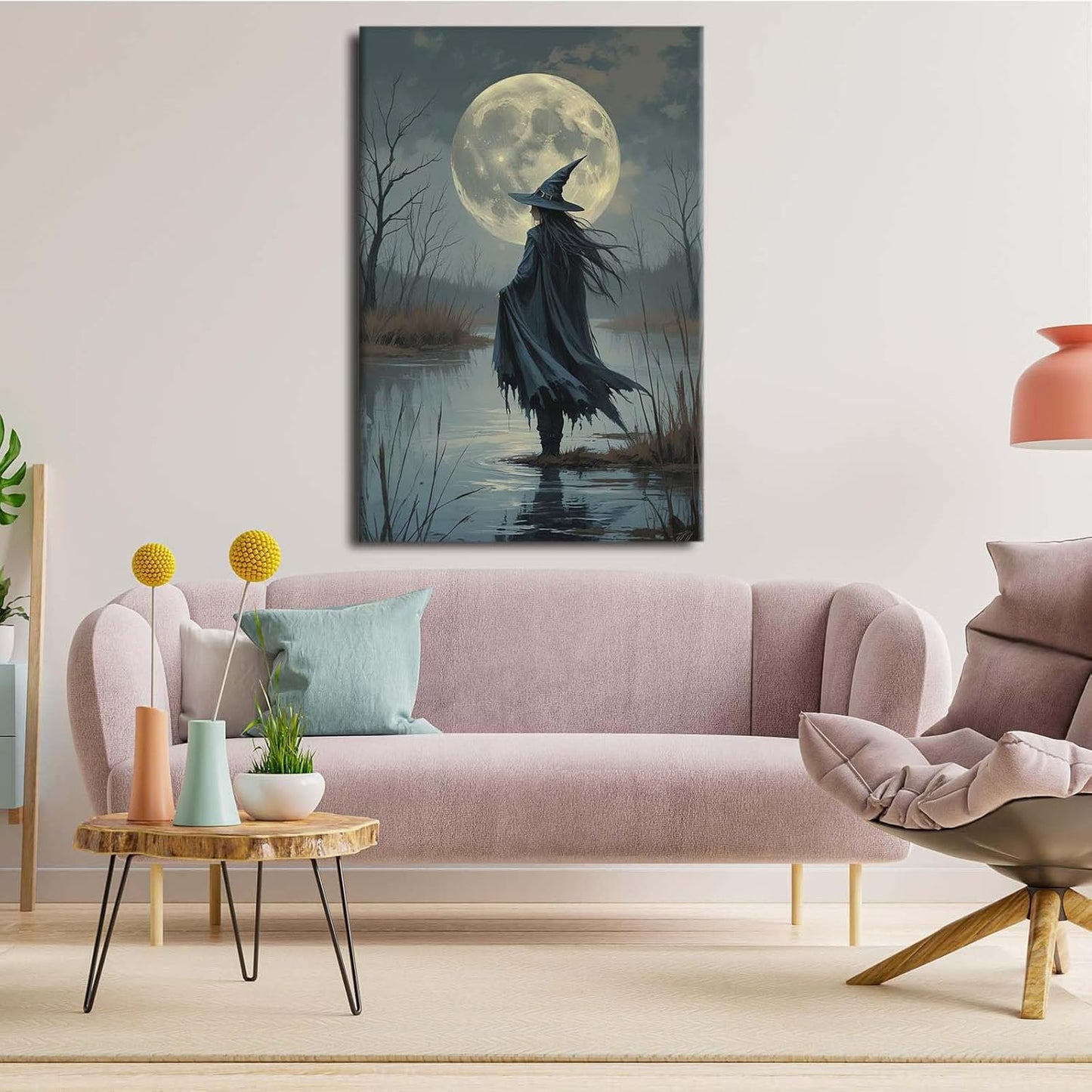 JFHCQJPK Witch in the moonlight magic canvas wall art enchanting Halloween home decor swamp witch silhouette oil painting mysterious gothic aesthetic wall decor print poster28x40in Frameless