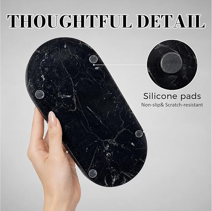 Black Marble Vanity Tray - 100% Natural Stone Bathroom Countertop Organizer for Perfume & Jewelry, 10" Decorative Plate for Toilet Tank