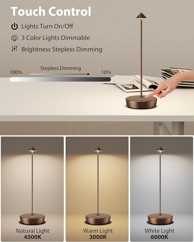 Cordless Table Lamps Rechargeable, 6000mAh Battery Operated LED Desk Lamp Outdoor Waterproof Portable Touch Dimmable Table Night Light for Patio Restaurant Dining Home Set of 2 Moka