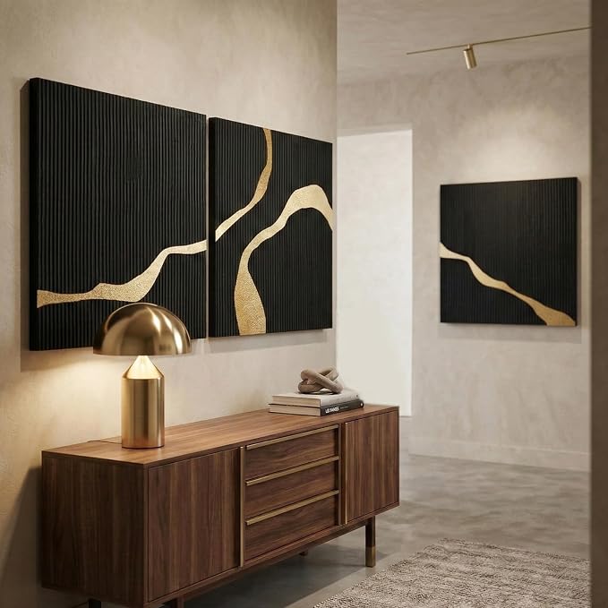 3-Piece Black Abstract Canvas Wall Art Set, Modern Minimalist Wall Decor | Textured Oil Painting Triptych for Living Room Bedroom Office Dining Room, Contemporary Hand-Painted Wall Art,30x30 In Each