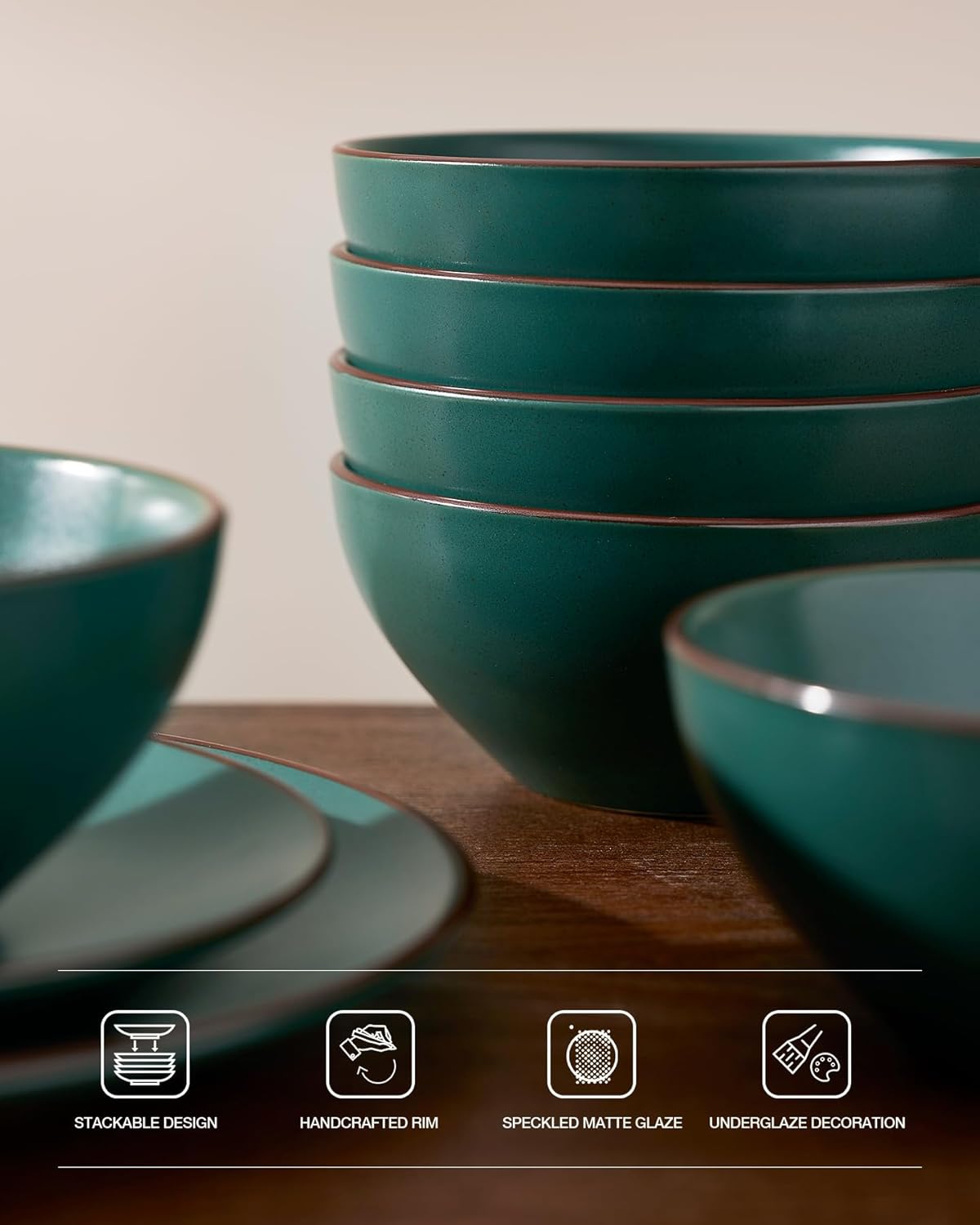 Famiware Venus Ceramic Plates and Bowls Sets, Speckled Dinnerware Dish Sets for 8 (24 Pieces) - Microwave and Dishwasher Safe, Matte Dark Green