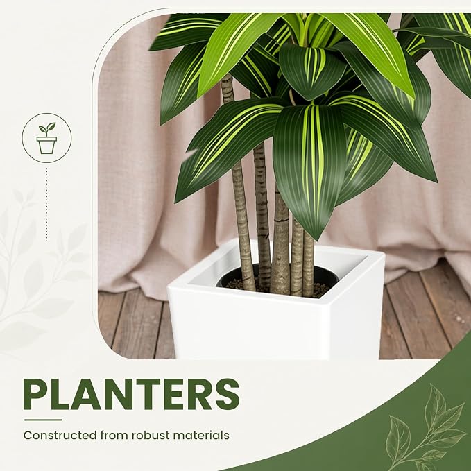 Artificial Dracaena Tree 5FT, Stable Multi-Trunk Fake Tree Indoor with White Tall Planter,Faux Silk Plant for Living Room Office Decor, UV Resistant Realistic Leaves