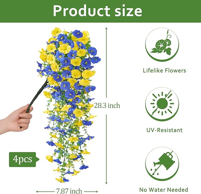 Serwalin Artificial Hanging Flowers for Outdoors Faux Plants, 4PCS Faux Morning Glory Fake Outdoor Flowers UV Resistant Realistic Silk Flower for Outside Planter Front Door Porch Patio Yard Decor