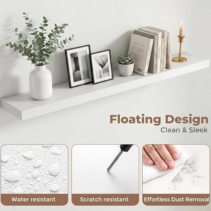 55 Inch Floating Shelves for Wall, 8"D Wood Storage Shelves, White Finish | Engineered Wood, Invisible Bracket, Large Storage, Easy Install, Hold Up to 88lbs, Living Room, Bathroom, Bedroom, Kitchen