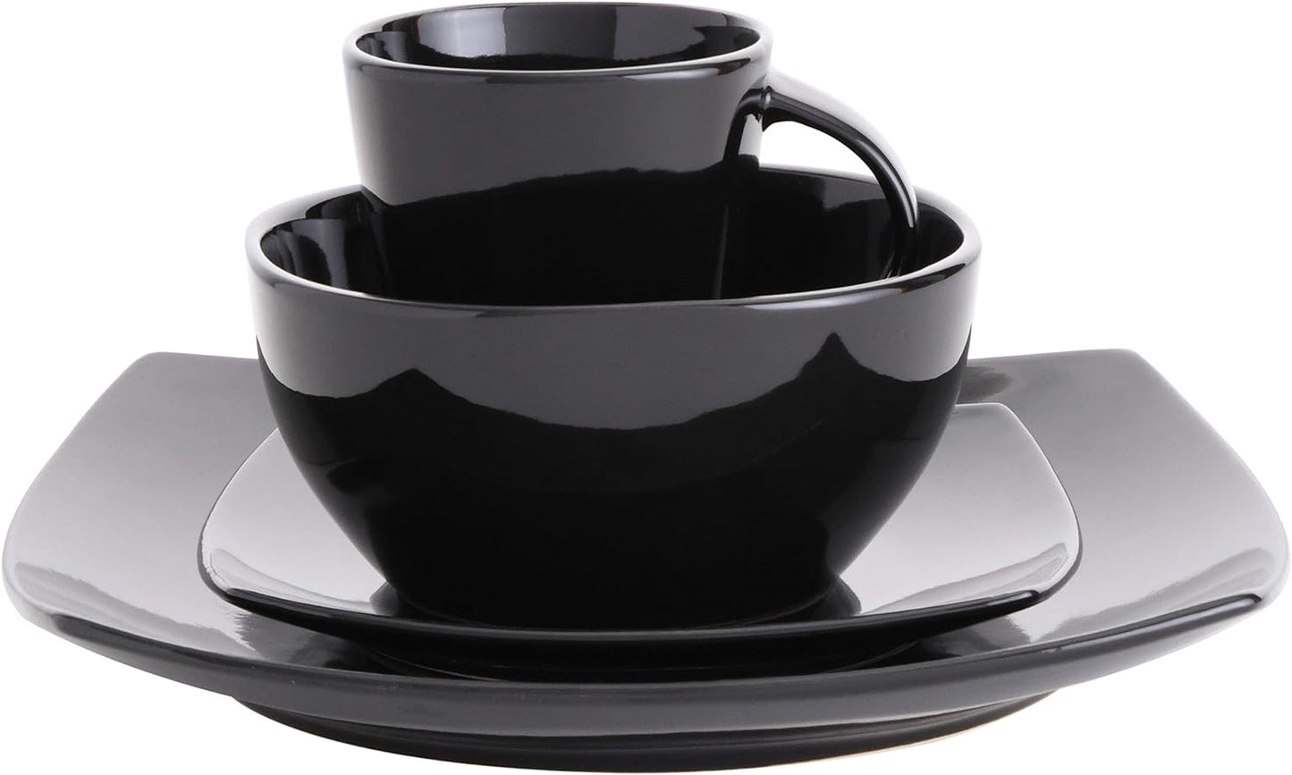 Gibson Elite Soho Lounge Square Reactive Glaze Stoneware Dinnerware Set, Service for 4 (16pc), Black