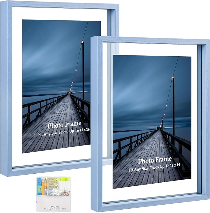 MUYE 11x14 Floating Frame Set of 2,Double Real Glass Photo Frame,Display Any Size Photo up to 11x14,Wall Mount or Tabletop Standing,Blue