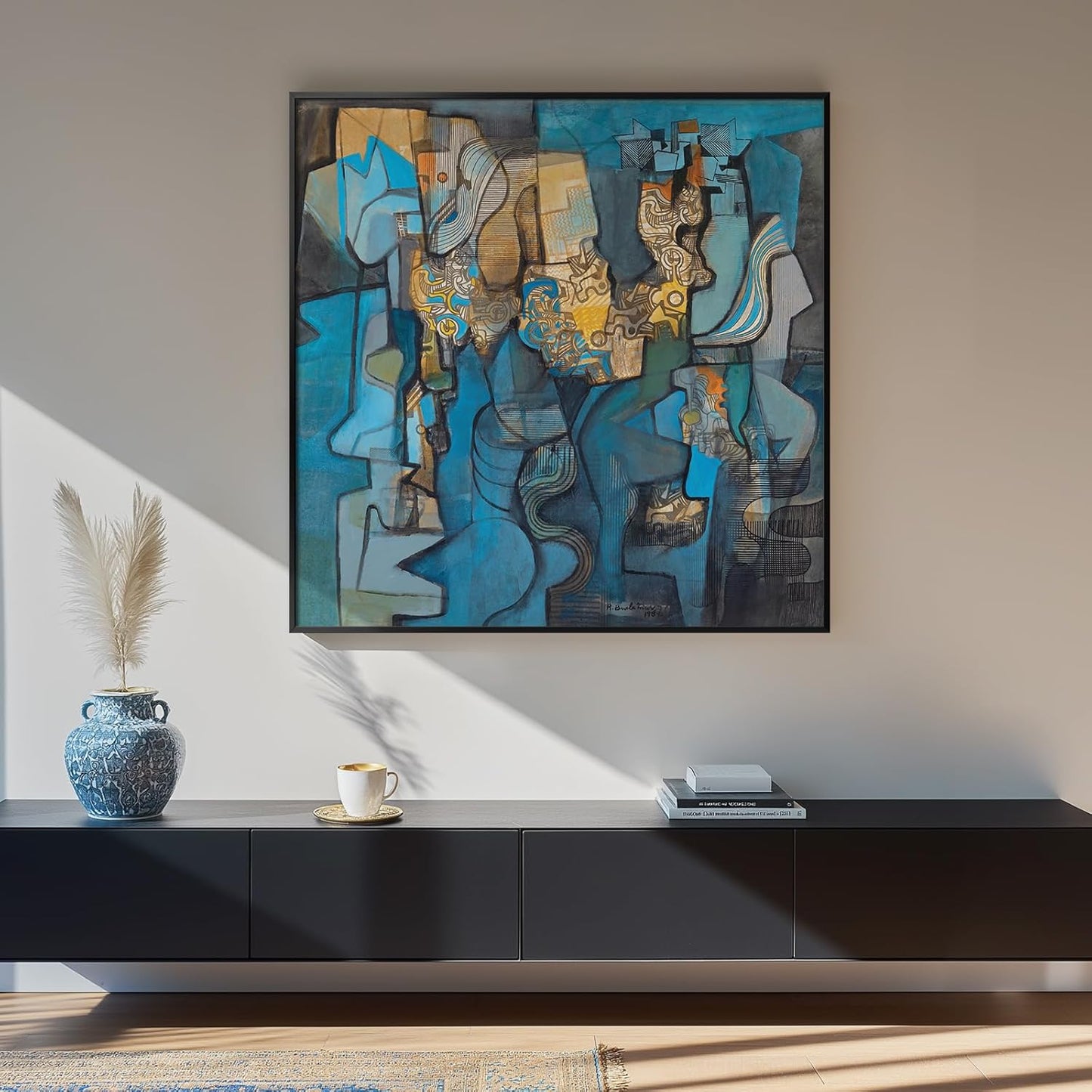 Large Framed Blue Modern Abstract Wall Art for Living Room, Canvas Paintings Artwork for Walls, Minimalist Art Prints Pictures for Hallway Bedroom Office Wall Decor -30x30 Inch