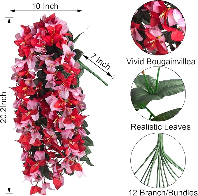 Grunyia 4 Pack Faux Bougainvillea Artificial Flowers, UV Resistant Silk Trailing Vines for Outdoors (Red&Pink)
