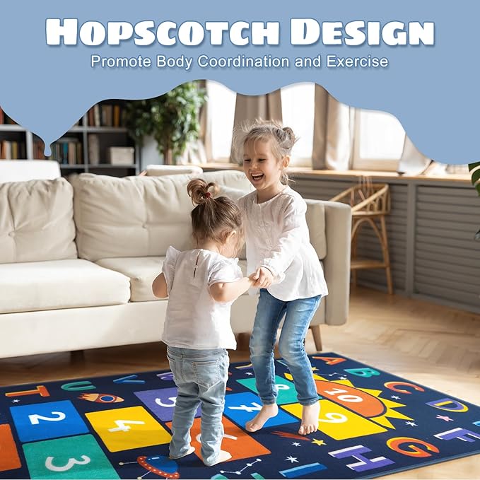 STARUIA Washable Hopscotch Kids Rugs for Playroom, Colorful Educational Classroom Rug with ABC Number, Non Slip Boy Kids Play Mat Rug Space Game Carpet for Bedroom Daycare（Dark Blue, 31.5''x72''）