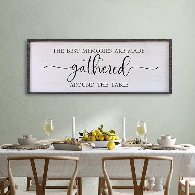 The Best Memories Are Made Gathered Around The Table Wall Decor 32"x12" Large Rustic Farmhouse Dining Room Wood Framed Modren Signs Kitchen Home Simple Hanging Wall Art (Black)