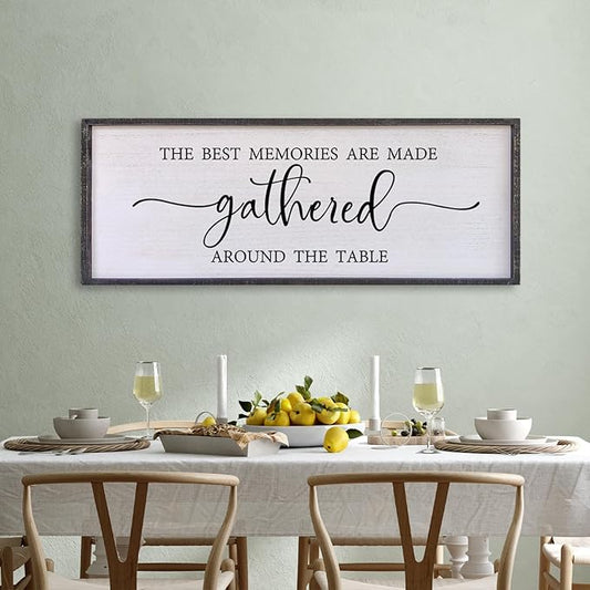 The Best Memories Are Made Gathered Around The Table Wall Decor 32"x12" Large Rustic Farmhouse Dining Room Wood Framed Modren Signs Kitchen Home Simple Hanging Wall Art (Black)