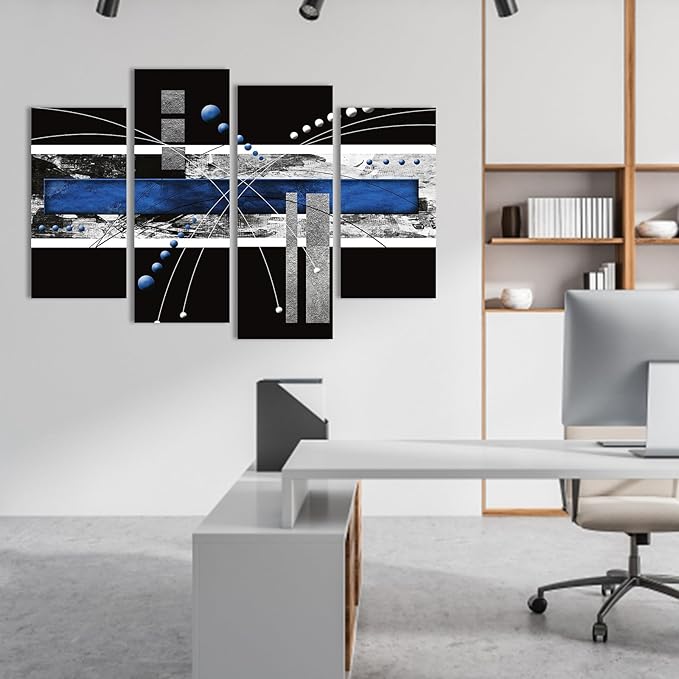 1 KINGO Black Blue Canvas Wall Art - 4 Piece Modern Abstract Painting for Office, Living Room & Bedroom Decor, Contemporary Home Art Print, Large Blue and Gray Wall Decor (16"x32"x2, 16"x 42"x2)