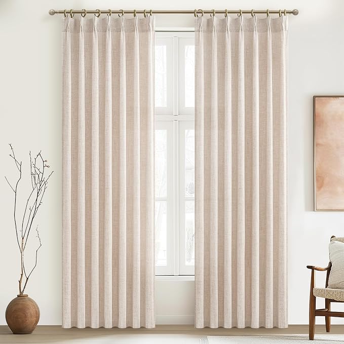 Natural Linen Blend Short Drapes 63 Inches Long 2 Panels Set for Kitchen Window Over Sink, Pinch Pleated Light Filtering Farmhouse Sheer Curtains with Hooks Rings Back Tab 40x63 Inch Flax Cafe Curtain
