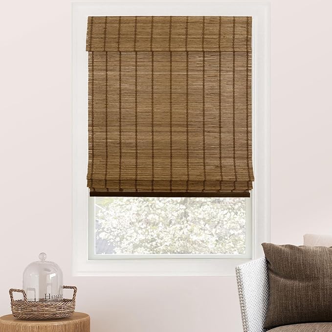 CHICOLOGY Bamboo Roman Shade, Cordless Light Filtering Woven Wood Window Treatment for Living Room, Dining Room, Kitchen & Office, Natural Bamboo Blinds for Boho Coastal Decor, Elk, 35" W x 64" H