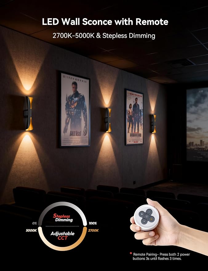 Tubicen Battery Wall Sconce Set of Two with Remote Art Deco Cordless Sconce | 3-Color Dimmable Movie Theater Lights 9000mAh Rechargeable Up Down Accent Wall Light for Living Room Bedroom Black and Gold