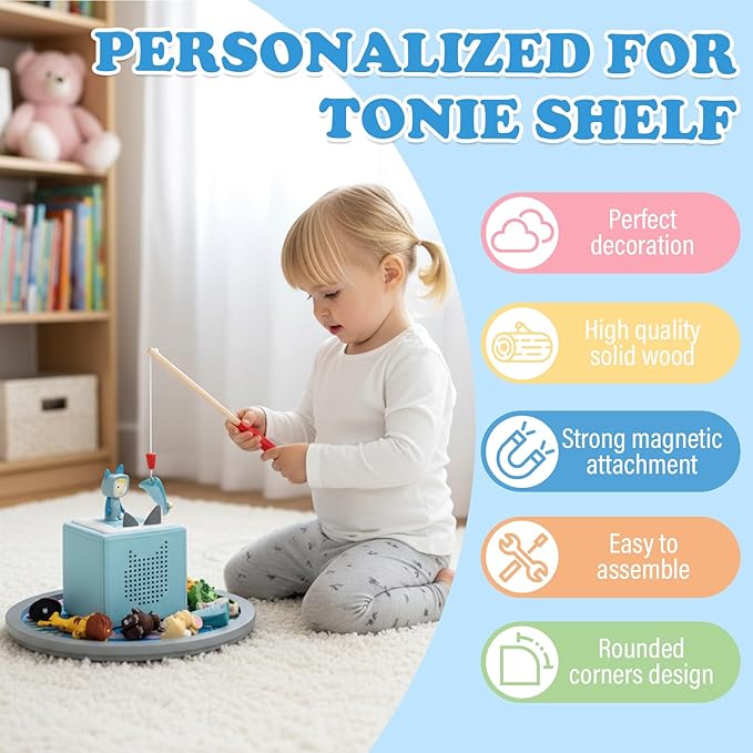 360° Round Turntable for Tonies Figures Storage, Fun Fishing Game with Magnetic Hook to “Catch” for Tonies Characters, Ocean Theme Wooden Organizer Storage Shelf Display for Toniebox 1/2