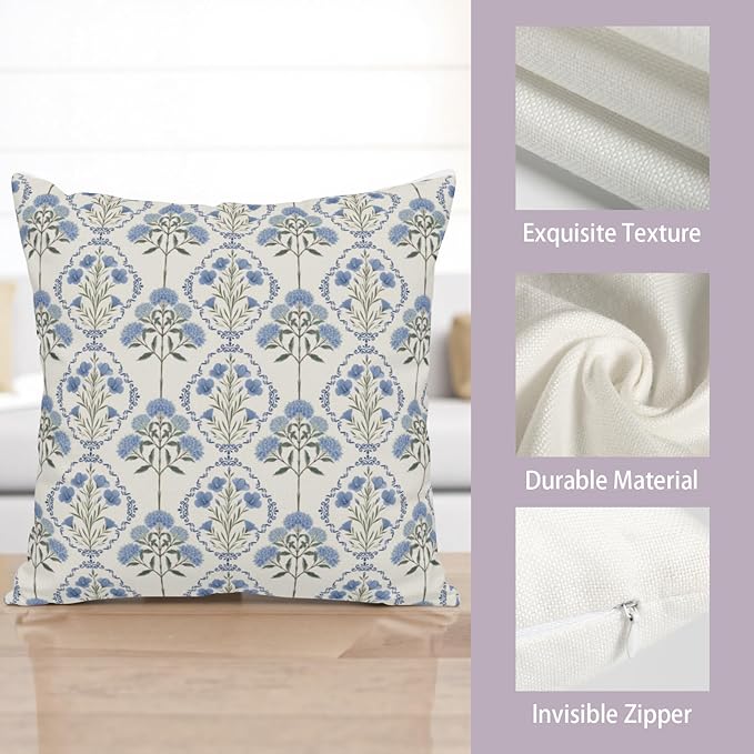 Pack of 2 Floral Pillow Covers Spring Summer Vintage Throw Pillow Covers 22x22 Blue Green Boho Flower Block Print Pillow Cases Hydrangea Farmhouse Cushion Case for Home Sofa