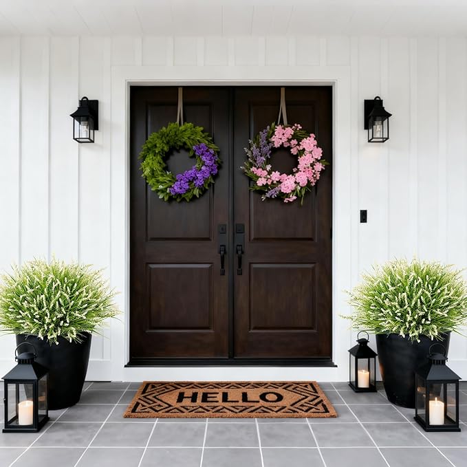 Ammyoo 24 Pcs Artificial Faux Plants for Outdoor Spring Decoration, Fake Monkey Grass for Garden Porch Balcony Planters, Fake Greenery Shrubs UV Resistant No Fade Plants Bush for Pathway(White)