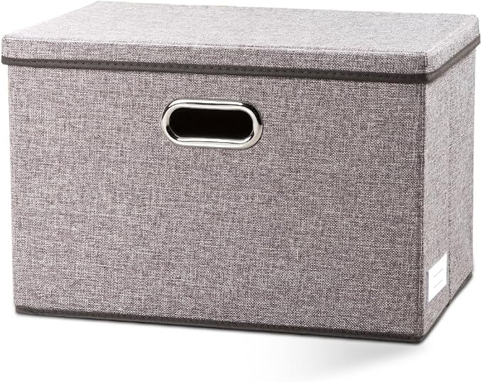 PRANDOM Large Foldable Storage Bin with Lid [1-Pack] Linen Fabric Decorative Storage Box Organizer Containers Basket Cube with Handles Divider for Bedroom Closet Office Living Room (17.7x11.8x11.8)