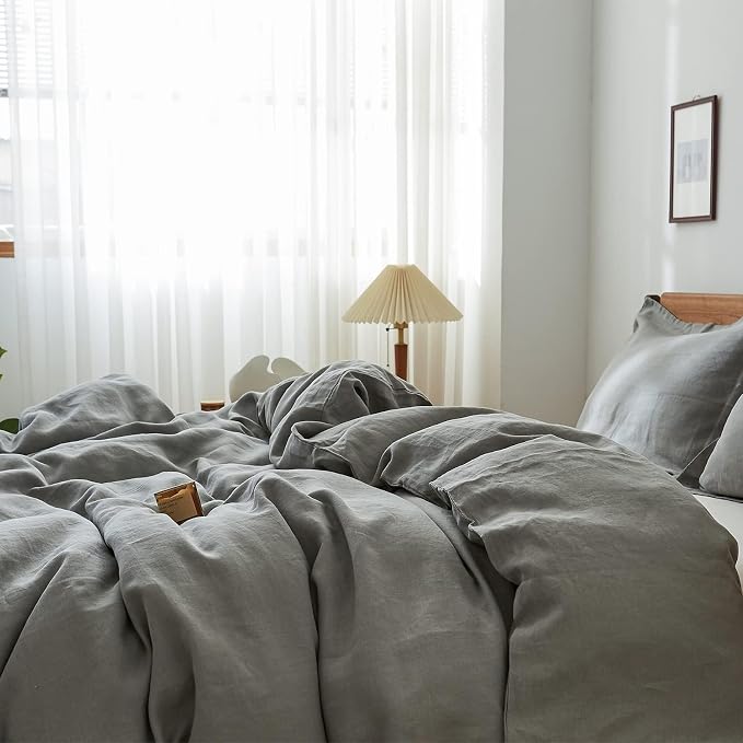 Simple&Opulence 100% Linen Duvet Cover Set, 3 PCS Ultimate Grey Duvet Cover Queen Size, Breathable Soft Comfy Linen Bedding Comforter Cover with 2 Pillowcases(Ultimate Grey, 88"x92")