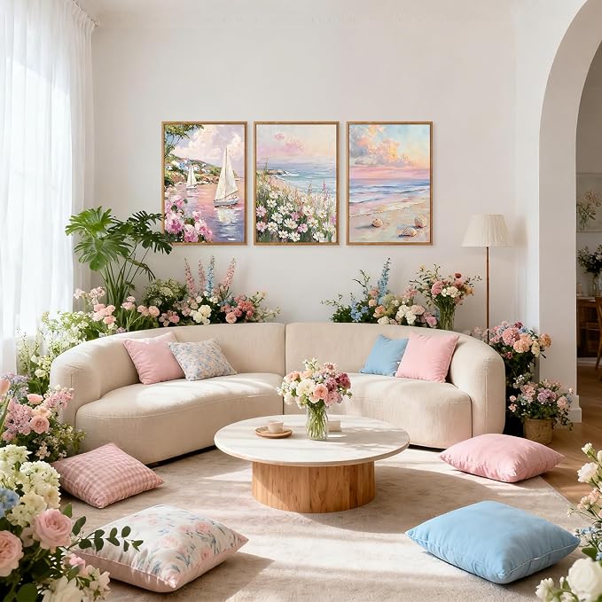 TOARTi Framed Pastel Coastal Sailboat Canvas Wall Art Set, Pink Beach Daisy Floral Wall Decor, Watercolor Spring Ocean Seascape Wildflower Art Prints for Farmhouse Living Room Bedroom Office-16”x24”x3