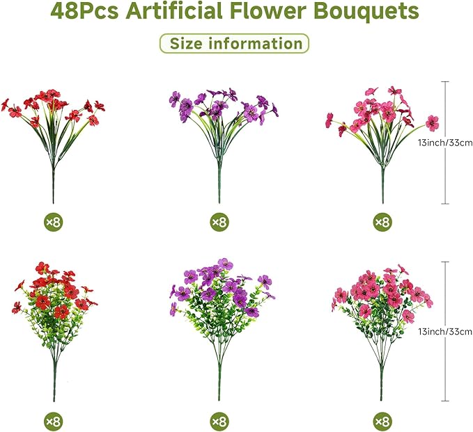 Alupssuc 48 Bundles Artificial Flowers for Outdoors Decoration, UV Resistant Silk Faux Daisy Flora Spring Fake Plastic Plants Greenery for Outside Indoor Yard Home Porch Window Box Decor, Mix 3 Colors