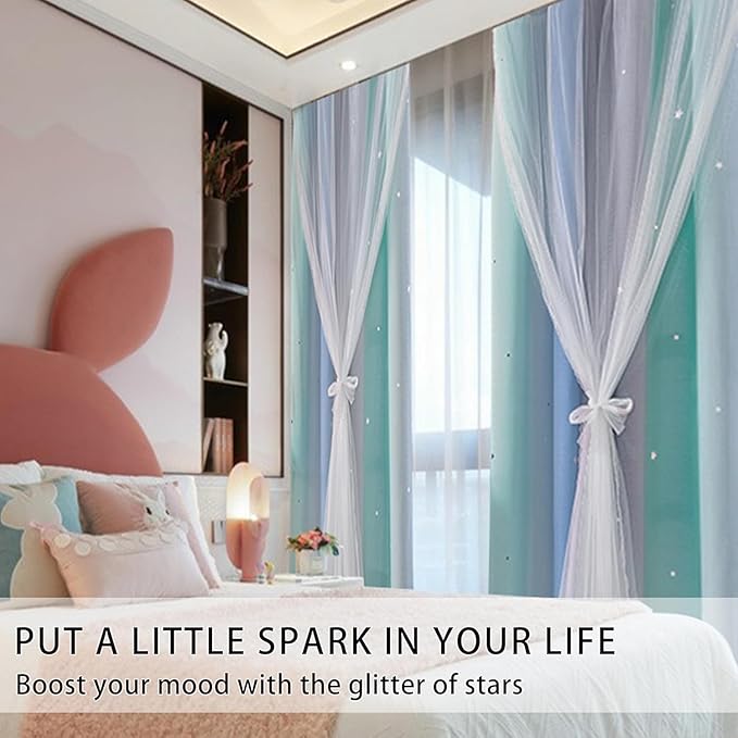 XiDi Blue Green Grey 54 Inches Curtains for Girls Bedroom 2 Panels Set, Blackout Rainbow Curtains for Kids Room Decor, Unicorn Wall Decals Drapes for Little Girl Nursery Room 52 Inches Wide