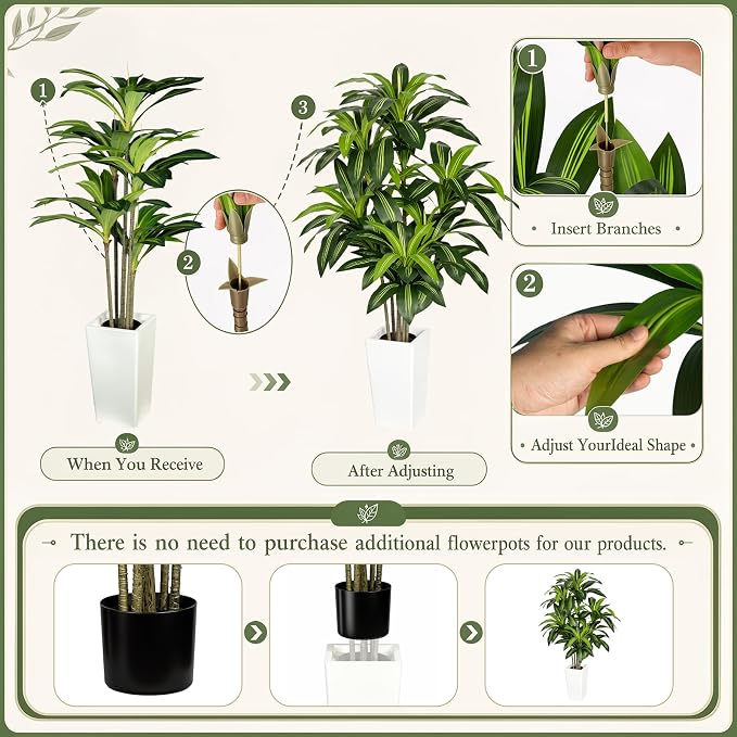 Artificial Dracaena Tree 5FT, Stable Multi-Trunk Fake Tree Indoor with White Tall Planter,Faux Silk Plant for Living Room Office Decor, UV Resistant Realistic Leaves