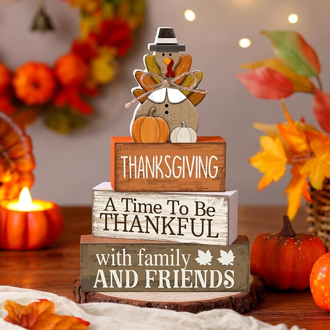 Lineshading 4 Pcs Thanksgiving Decoration for Home Wooden Turkey Decor Thanksgiving Table Centerpiece Fall Tiered Tray Decor Rustic Decorative Turkey Block Signs Gift for Home Kitchen Shelf