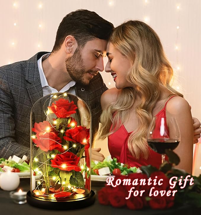 Mothers Day Rose Gifts for Women,Beauty and Beast Rose in Glass Dome with LED Light,Glass Rose Flower Gifts for Family Valentines Birthday Gifts for Women Mom Wife Girlfriend Friend Forever Red Rose