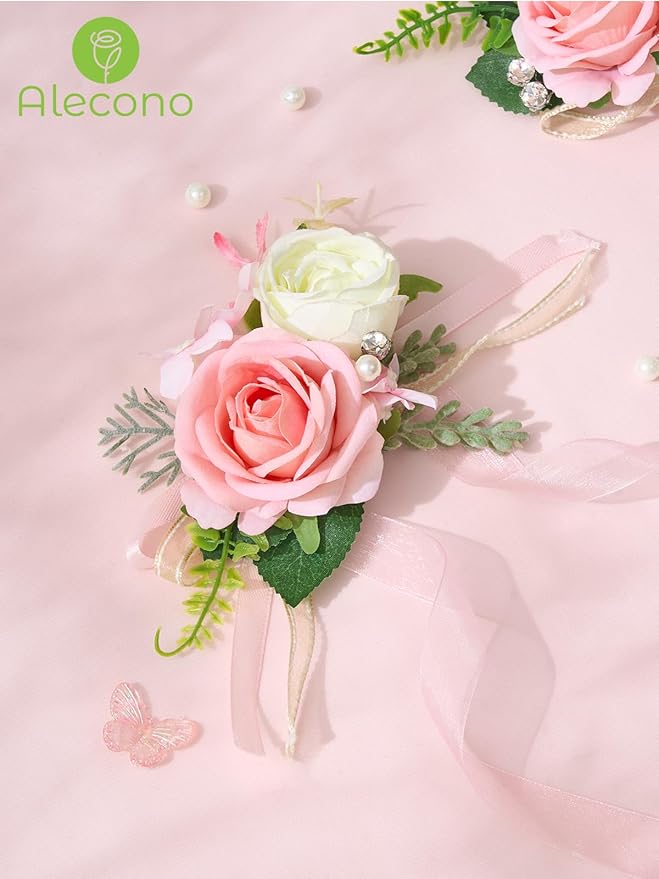 Alecono Pink Corsage and Boutonniere Set, Corsages for Bride Bridesmaid Groom Bridegroom, Artificial Flowers for Prom Graduation Ceremony Anniversary