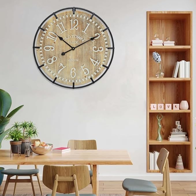 EMAX HOME 24 Inch Large Farmhouse Wall Clock - Rustic Antique Wood, Silent Battery Operated Clock for Office Kitchen Bedroom Living Room