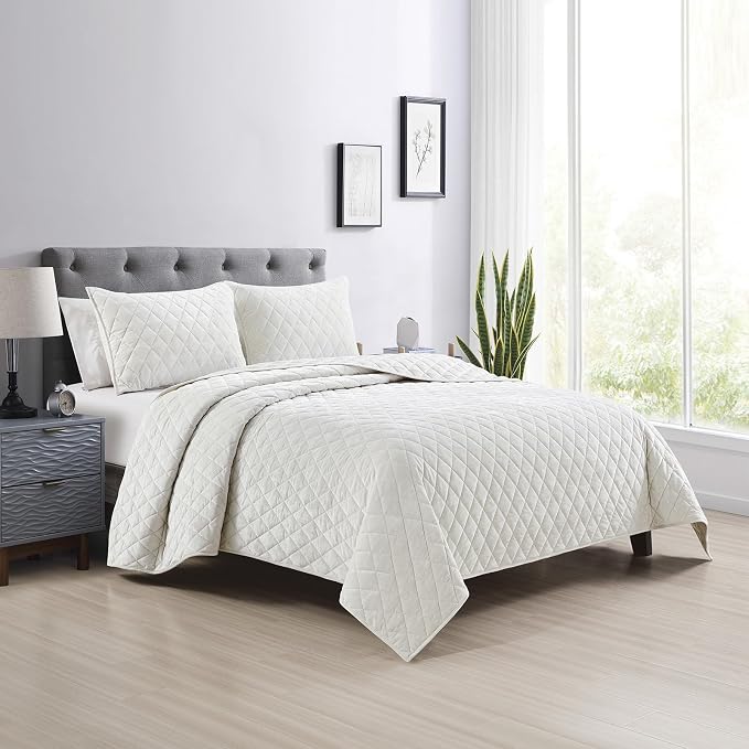 Fredsure Distressed Velvet Quilt Set, 3 Pieces Light Ivory Queen, Distressed Velvet Face and Brushed Microfiber Reverse, with Diamond Quilting