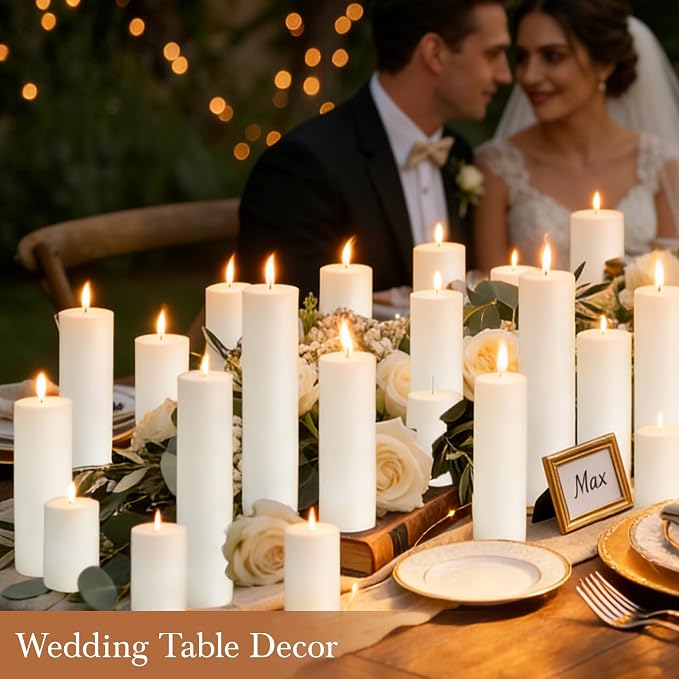 72 Pcs White Pillar Candles Bulk Set, 2x3” 2x6” 2x8” Paraffin Hurricane Candles, Unscented Dripless Smokeless, Long Burning for Party Wedding Events Home Decor