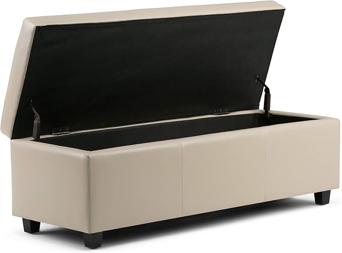 SIMPLIHOME Avalon Storage Ottoman Bench - 48" Wide x 16" High Upholstered Vegan Leather Rectangular Lift-Top Ottoman in Satin Cream, Contemporary Storage Bench for Living Room with High-Density Foam