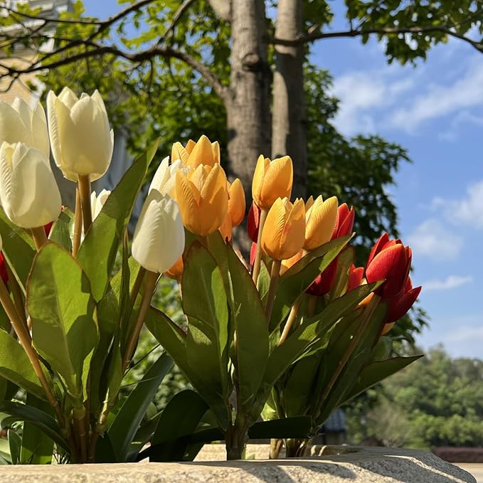 Artificial Fake Flowers for Spring Summer Outdoor Decoration,6 Bundles Shyshining Realistic UV Resistant Silk Fabric Colorful Tulip Faux Plants for outside Planter Home Porch Patio Decor(White Orange)