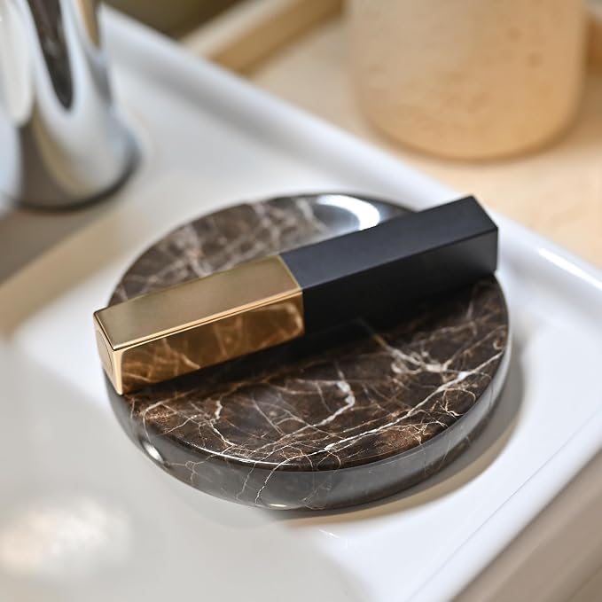 Emperador Dark Marble Jewelry Dish 4”, Brown Natural Stone Trinket Tray for Rings Earrings Bracelets, Round Marble Soap Dish for Bathroom Kitchen, Classic Decorative Catchall for Home & Tabletop