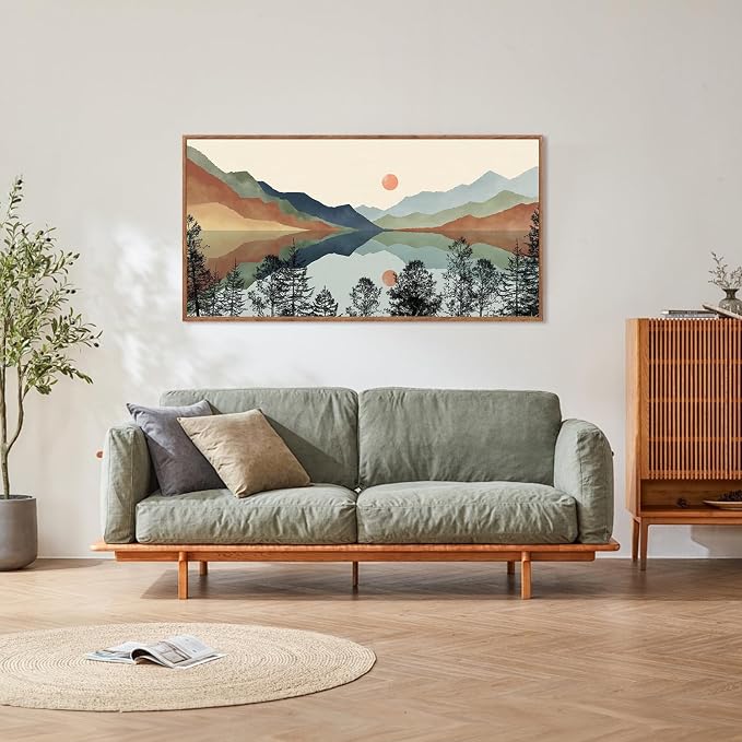 CHDITB Mountain Sun Forest Framed Art Prints(40"x20"), Boho Watercolor Nature Landscape Canvas Artwork Painting, Abstract Foggy National Park Scenery Poster Decor for Living Room Bedroom