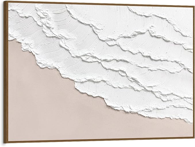 SAFERRYHOME Abstract Wave Textured Hand Painted Wall Art, 36"x24" Framed | Large Beach Texture Framed Canvas Wall Decor, Modern Sea Painting Neutral Landscape Artwork for Home Office Living Room