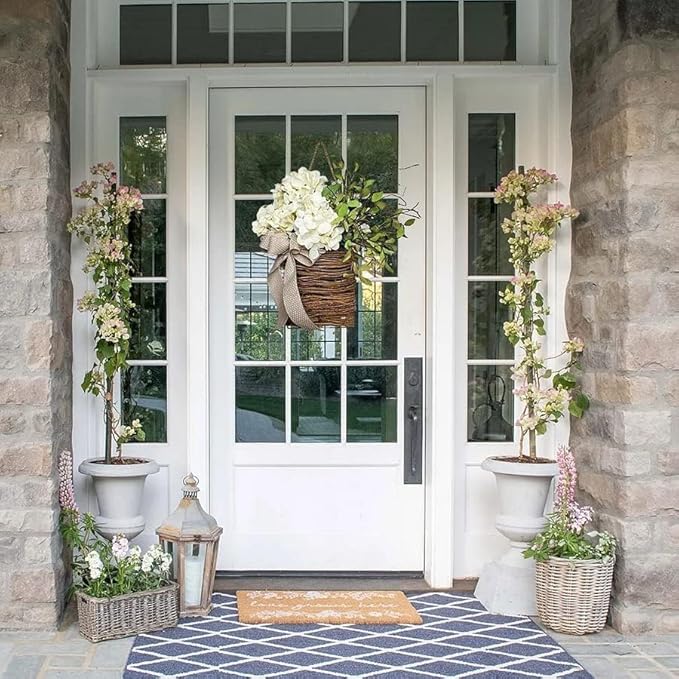 2026 Cream Hydrangea Door Hanger Basket Wreath, Spring Summer Wreaths for Front Door Wildflowers Front Door Basket Wreath Artificial Flower Hanging Basket for Home Farmhouse Seasonal Decor (A)