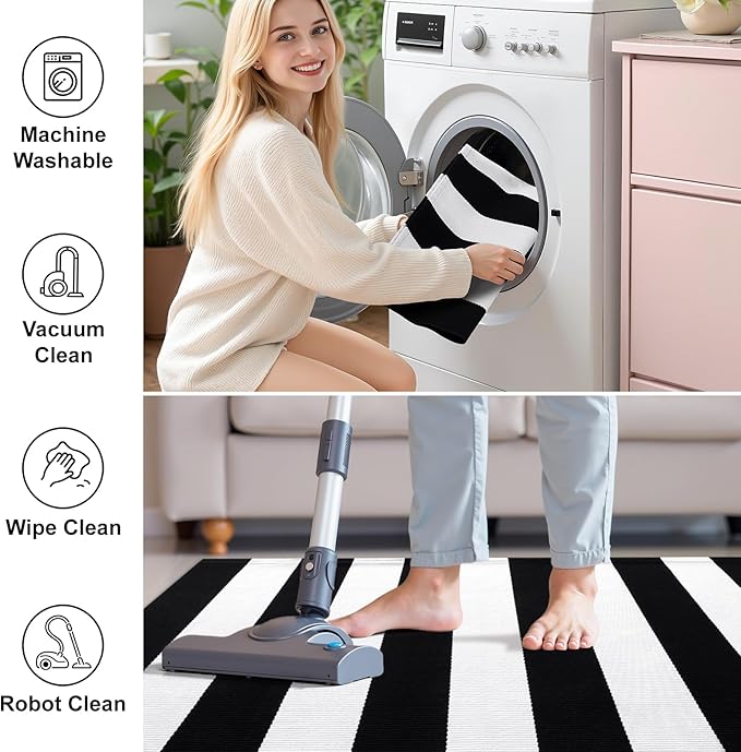 OLANLY Black and White Striped Rug 2' x 6' – Washable Cotton Indoor Outdoor Doormat for Front Door, Entryway, Kitchen, Porch, Patio Decor