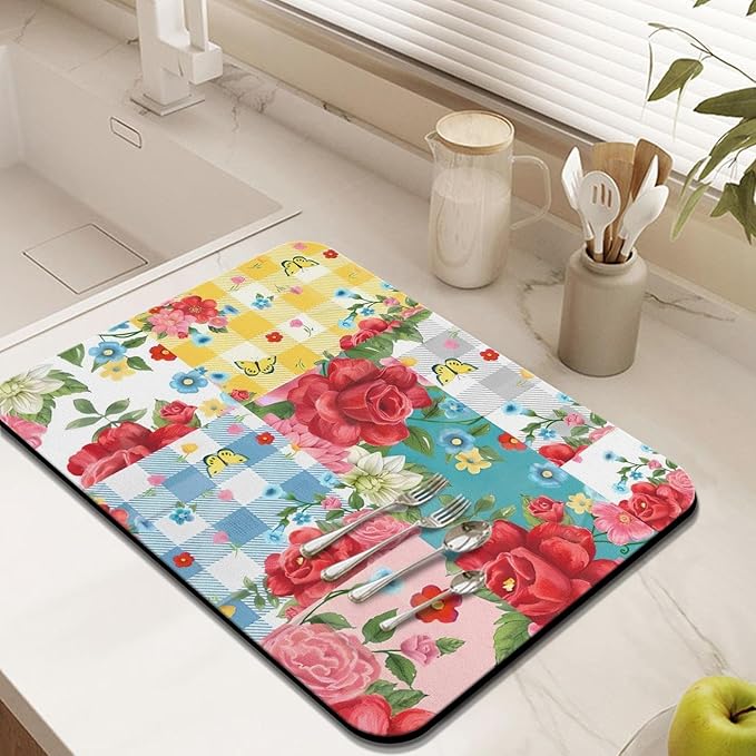 Coffee Bar Super Absorbent Anti-Slip Dish Drying Mats for Countertop - Silicone Flower Decor Fit Coffee Maker & Espresso Machine - 24inx18in