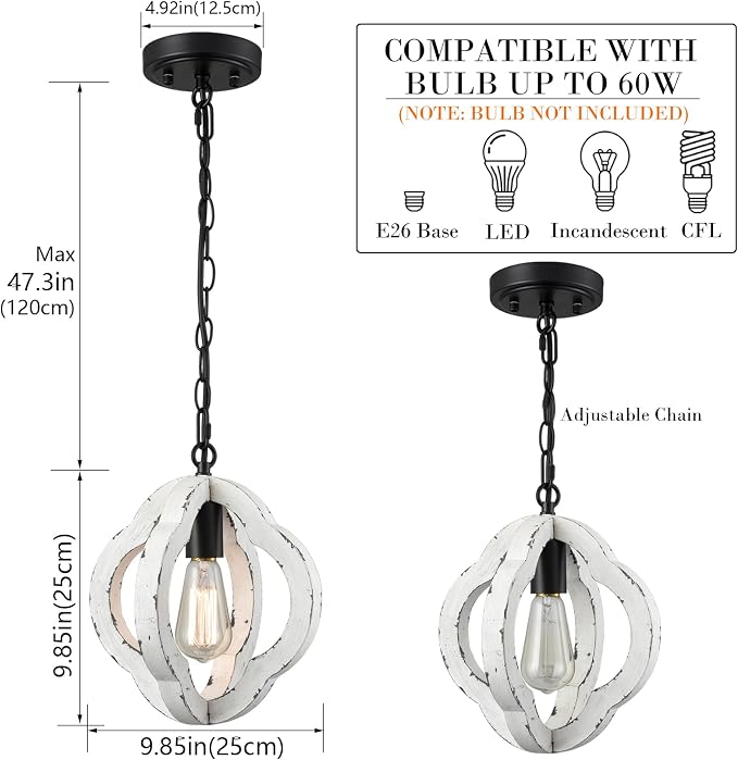 SAMTEEN Farmhouse Wood Pendant Light Distressed White Wood Chandelier Lighting with Adjustable Chain Wooden Hanging Light Fixtures for Kitchen Island Dining Room Bedroom